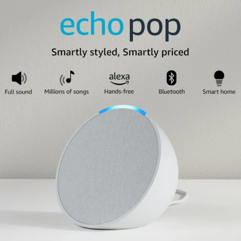 Amazon Echo Pop| Smart speaker with Alexa and Bluetooth| Full sound, balanced bass, crisp vocals| White