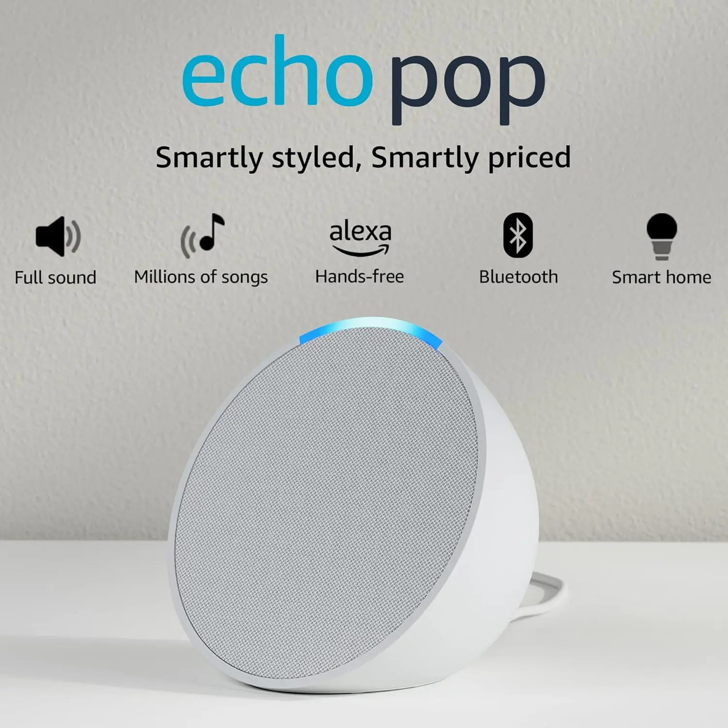 Amazon Echo Pop| Smart speaker with Alexa and Bluetooth| Full sound, balanced bass, crisp vocals| White