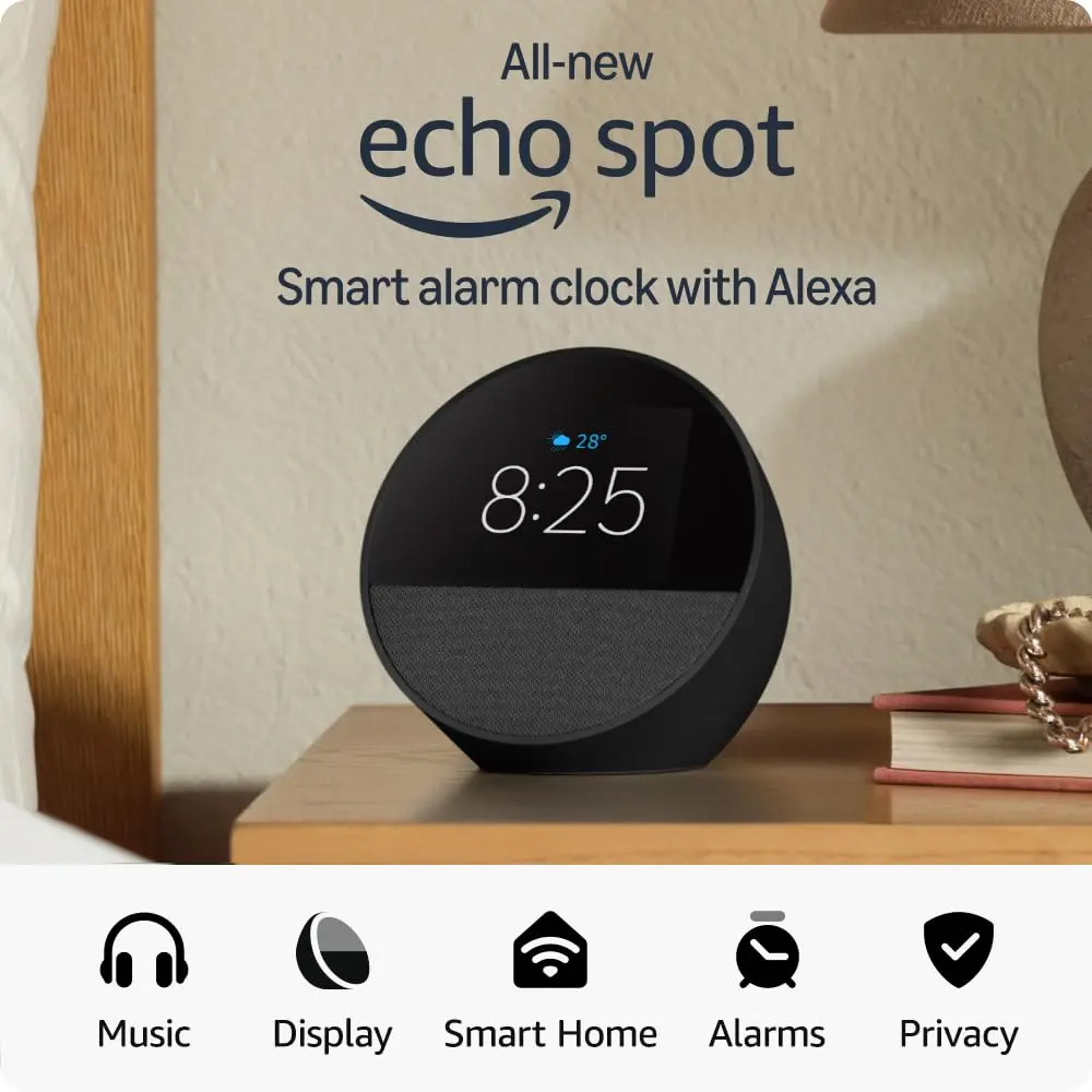 Amazon Echo Spot latest model Black, smart alarm clock with Alexa, Bluetooth speaker, compact smart display