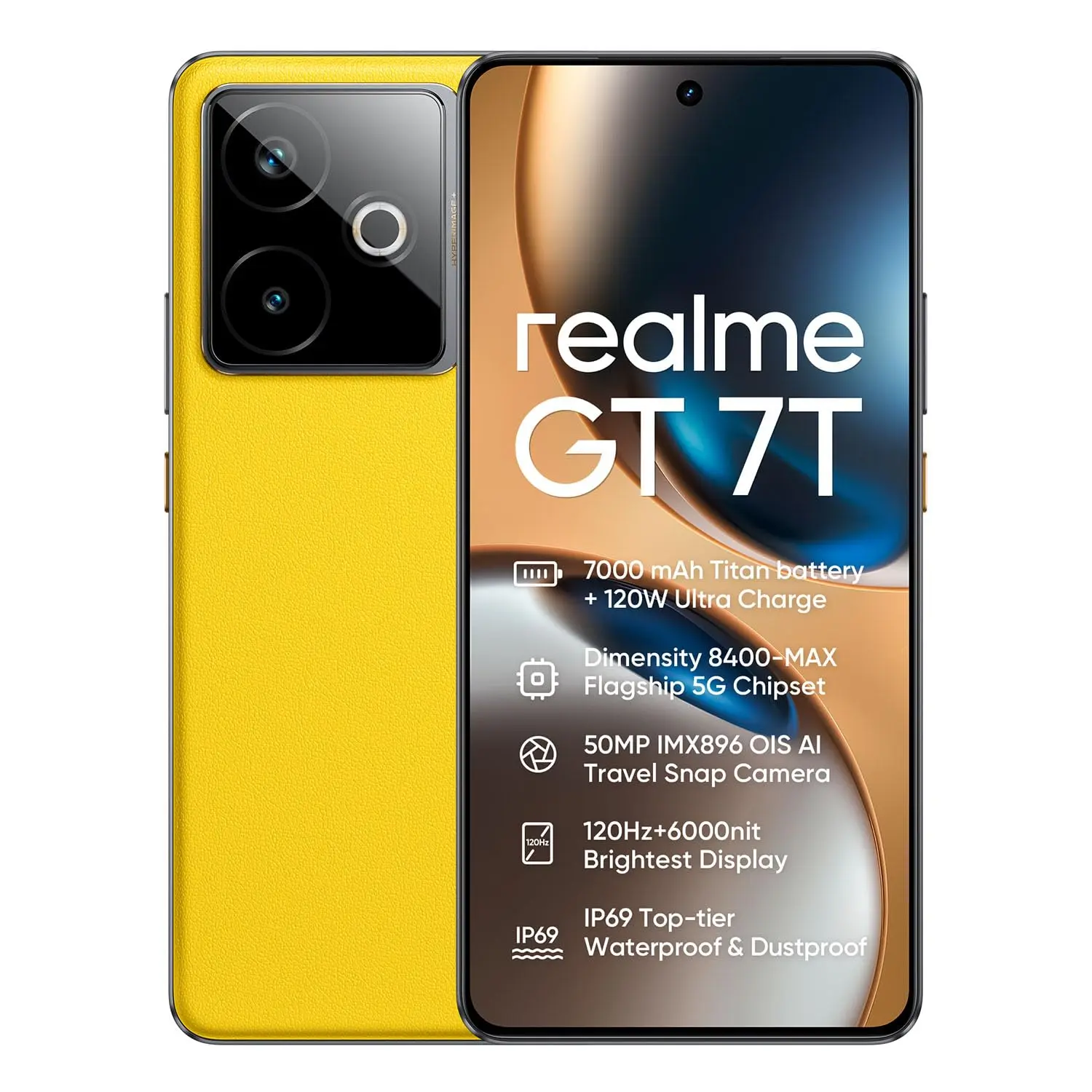 realme GT 7T 5G Smartphone 12GB+256GB Yellow,6.80 inch Screen, 120Hz Refresh, 7000mAh Battery, 120W Ultra Charge, 90MP AI Cameras, Dimensity 8400-MAX chipset, IP69