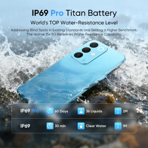 realme 15X 5G Smartphone 6GB RAM 128GB ROM, 6.8 inch 144Hz Display, 7000 0mAh Battery, 60W Fast Charging IP69 Pro Waterproof Dimensity 6300 6nm Octa-core